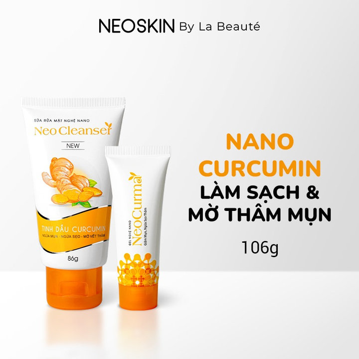 Combo Dưỡng Da Ngừa Mụn Mờ Thâm: Sữa Rửa Mặt, Gel Chấm Mụn Nano Nghệ Curcumin Neoskin An Toàn, Lành Tính