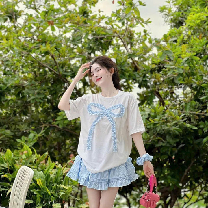 Set Bộ Chân Váy Sọc Nữ áo Gắn Nơ Nữ Mặc Nhà đi Chơi Du Lịch -htm Fashion