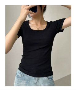 áo Thun Nữ Ngắn Tay Cổ Vuông Dáng ôm Siêu Xinh Chất Vải Tăm Co Giãn Thoáng Mát