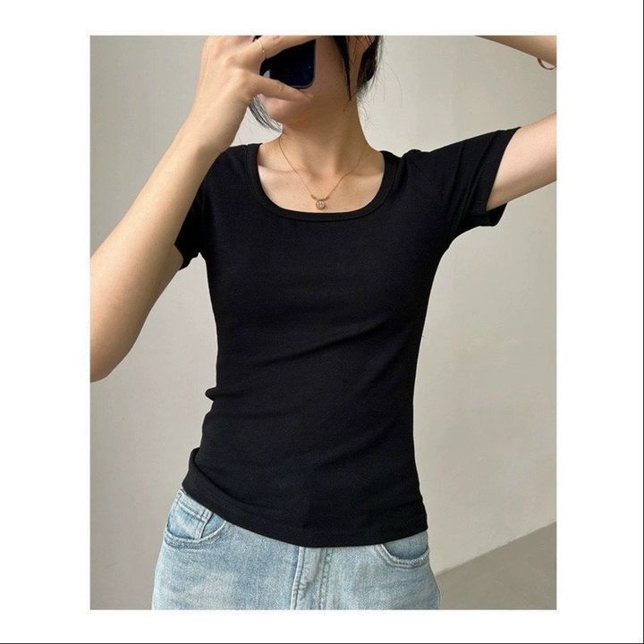 áo Thun Nữ Ngắn Tay Cổ Vuông Dáng ôm Siêu Xinh Chất Vải Tăm Co Giãn Thoáng Mát