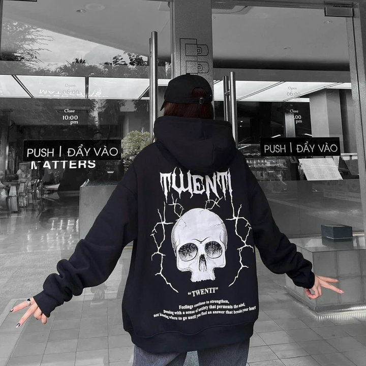 áo Khoác Hoodie Nỉ Nam Nữ Form Rộng Có Nón Tròng đầu Họa Tiết In đầu Lâu Twenti -htm Fashion