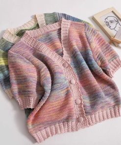 áo Cardigan Cộc Tay, Phối Màu Sắc Thổ Cẩm, Khuy Vải Cực Xinh Dành Cho Bạn Nữ – Chipxinhxk