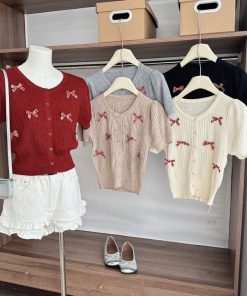 áo Mongtoghi Nữ Cộc Tay, Khuy Mở Phối Họa Tiết Nơ Full áo Phong Cách Hàn Quốc – Chipxinhxk
