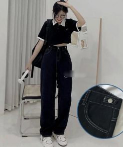 Quần Bò ống Rộng Chỉ Nổi Viền đen
