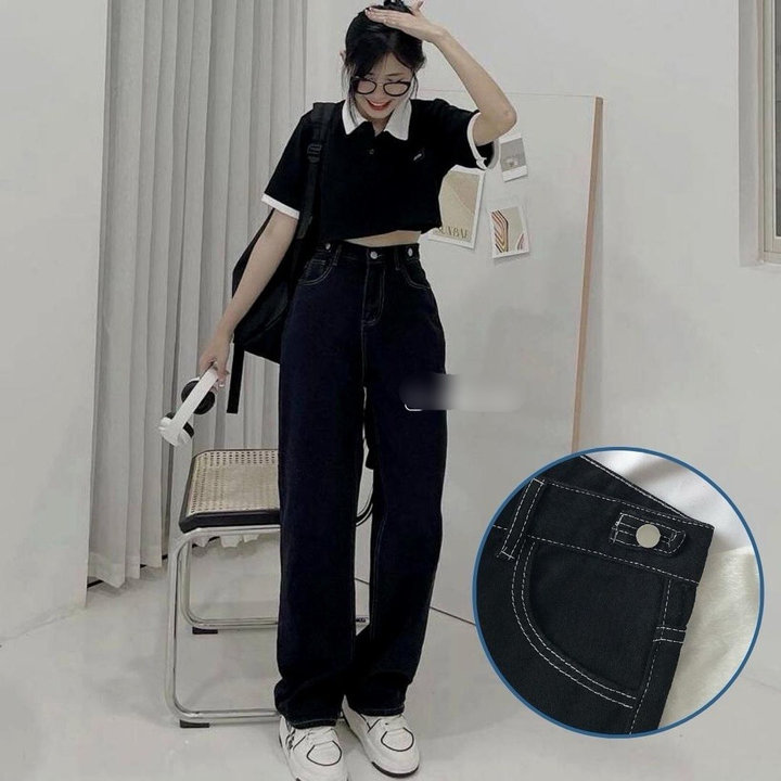 Quần Bò ống Rộng Chỉ Nổi Viền đen