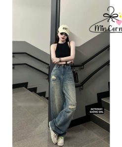 Quần Jean Nữ ống Rộng Wash Bụi Rách Phối Màu đai Kiểu Phía Trước Mq180 – Min Corner