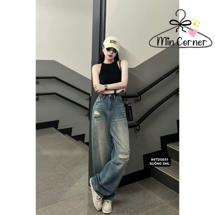 Quần Jean Nữ ống Rộng Wash Bụi Rách Phối Màu đai Kiểu Phía Trước Mq180 – Min Corner