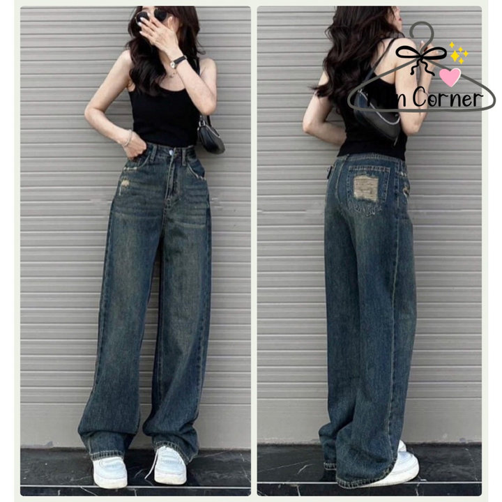 Quần Jean Nữ ống Rộng Lưng Cao Wash Túi Rách Mq182 – Min Corner