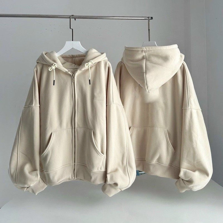 áo Khoác Trơn Hoodie Zip Nỉ Bông Mũ 2 Lớp Khóa Kéo