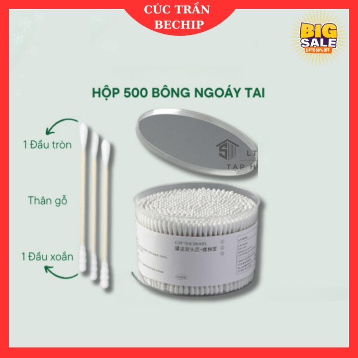 Hộp 500 Que Tăm Bông Ngoáy Tai Thân Gỗ Tre 2 đầu Tròn Xoắn Thân Thiện Với Môi Trường, Tăm Ngoáy Tai Tiệt Trùng – Ctb791