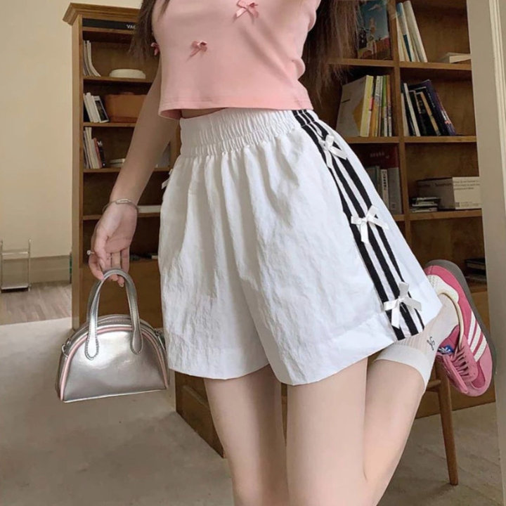 Quần Short Ngắn Nữ 3 Sọc đính Nơ Vải Dù Nhăn, Cạp Chun, Thoải Mái Vận động Unsiex Mặc Mùa Hè – Tp89