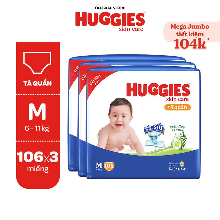 Combo 3 Gói Tã Quần Huggies Skincare Mega Jumbo M106/l96+8/xl84+4/xxl76+4