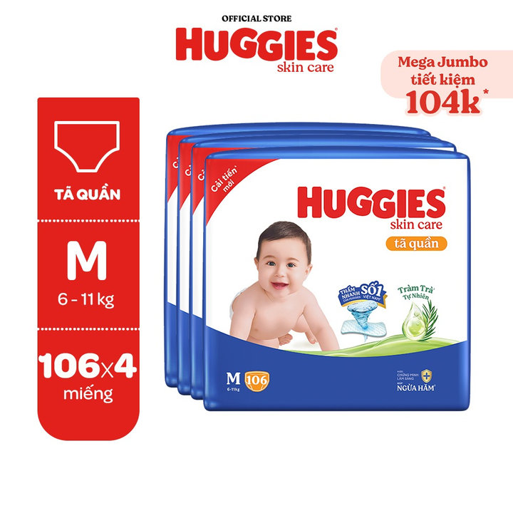 Combo 4 Tã/bỉm Quần Huggies Skin Care Mega Jumbo Miếng Với Tràm Trà Dịu Da M106/l96+8/xl84+4/xxl76+4