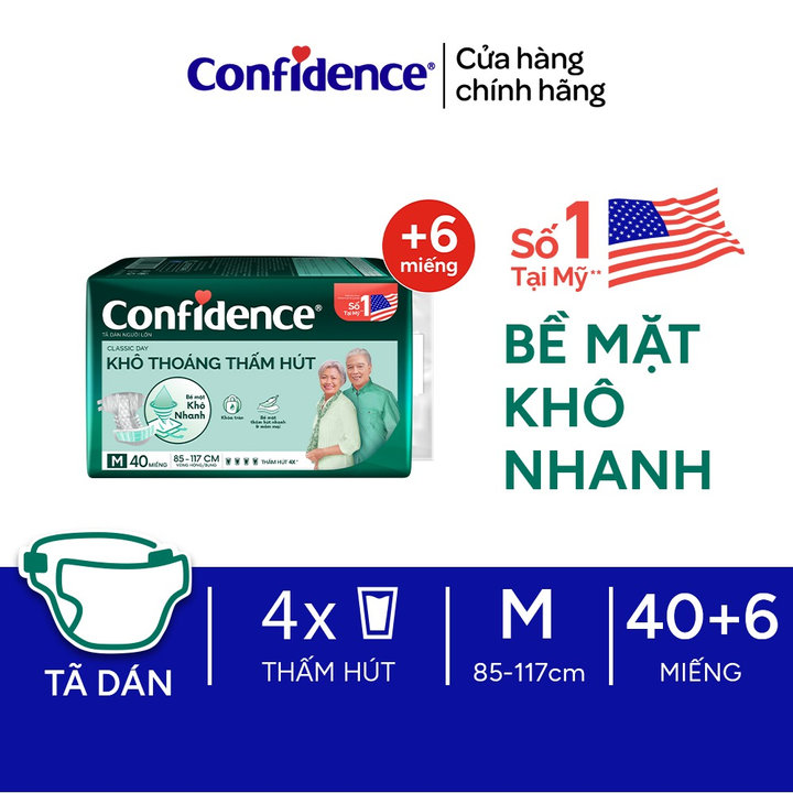 [tặng Thêm Tã] Tã Dán Người Lớn Confidence Classic Day Khô Thoáng Thấm Hút M40+6 / L40+6