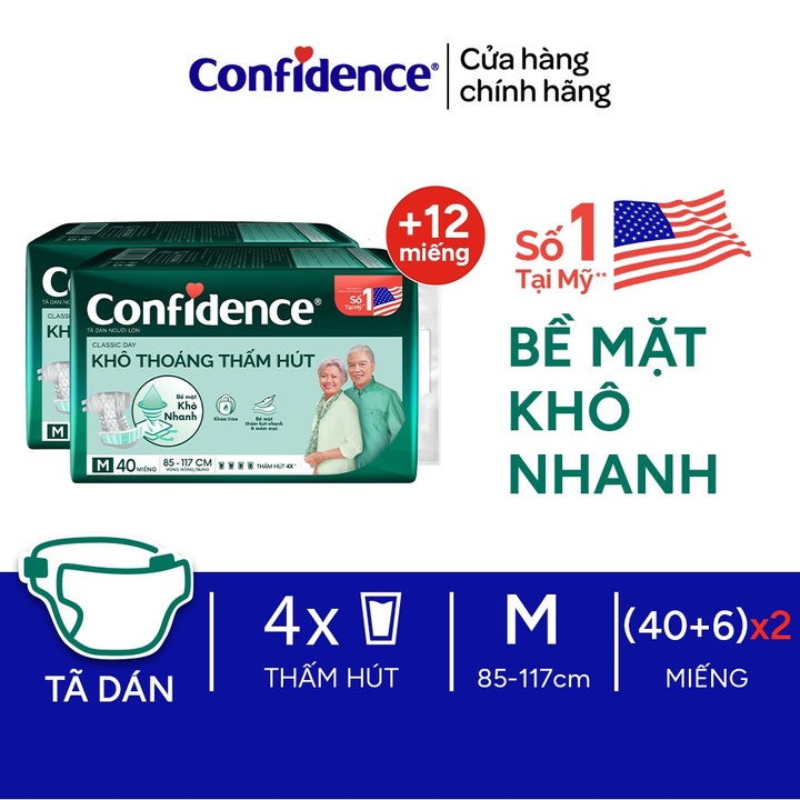 [tặng Thêm Tã] Combo 2 Gói Tã Dán Người Lớn Confidence Classic Day Khô Thoáng Thấm Hút M40+6/ L40+6