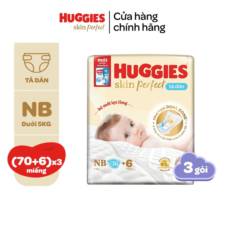 Thùng 3 Gói/combo 3 Gói Tã/bỉm Dán Sơ Sinh Huggies Skin Perfect Miếng Với 2 Vùng Thấm Giảm Kích ứng Da Nb 70+6/s 54+6/s 80+2