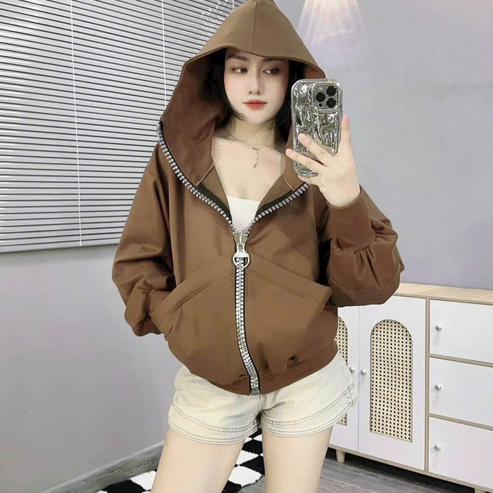 áo Khoác Nỉ Nữ Dáng Lửng Cute Hàn Quốc Dây Kéo Siêu To Nón Rộng , áo Khoác Nỉ Trơn Nữ Basic Women – U654
