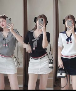 áo Len Thom Cộc Tay, Cổ áo Xẻ Sâu Phối Dây Cột Nơ Trendy Dành Cho Bạn Nữ – Chipxinhxk