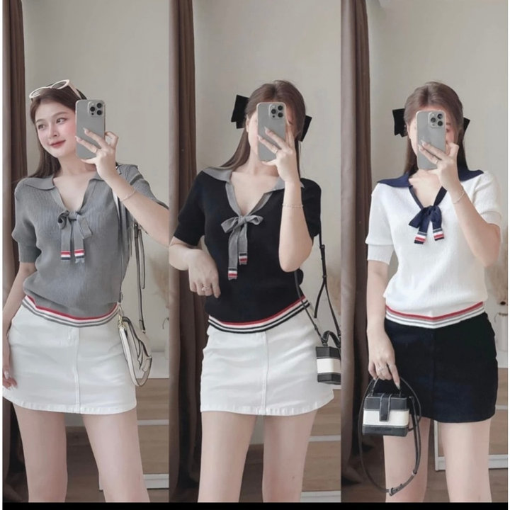 áo Len Thom Cộc Tay, Cổ áo Xẻ Sâu Phối Dây Cột Nơ Trendy Dành Cho Bạn Nữ – Chipxinhxk