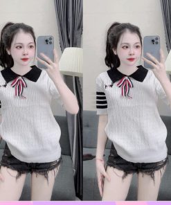 áo Len Cộc Tay Nữ Cổ Bẻ Phối Nơ Cài, Thêu Họa Tiết Hình Cún Dễ Thương – Chipxinhxk
