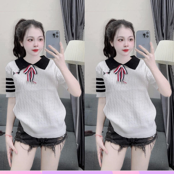 áo Len Cộc Tay Nữ Cổ Bẻ Phối Nơ Cài, Thêu Họa Tiết Hình Cún Dễ Thương – Chipxinhxk