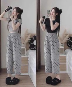 [ Rẻ Vô địch ] Set Bộ áo Phông Croptop Cài Nơ Vai + Mix Quần Dài ống Xuông Chấm Bi Xám