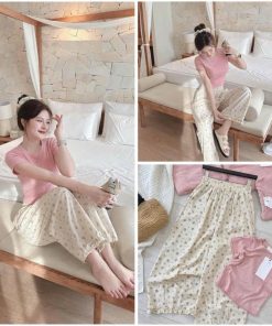 [ Rẻ Vô địch ] Set Bộ áo Croptop Hồng + Mix Quần Xuông Hoa Cỏ May