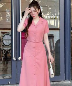 Set Cotton Lạnh Phối Chân Váy Dài Lưng Thun Khóa Kéo Nút Bọc Bt105t- Sam Store