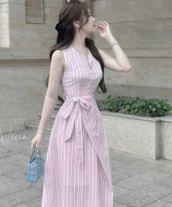 đầm Váy Nữ Linen Sọc Cột Dây Eo St95t- Nana House