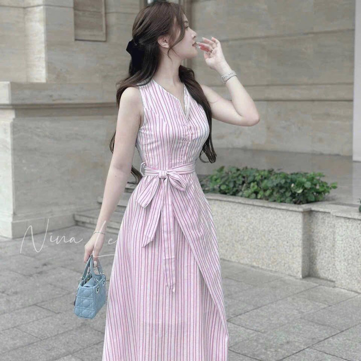 đầm Váy Nữ Linen Sọc Cột Dây Eo St95t- Nana House