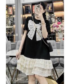 đầm Thun Quảng Châu Phối Ren Len đính Nơ Bt92m- Sam Store