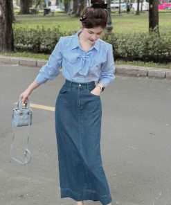 Set áo Kate Sọc Phối Chân Váy Dài Denim Bh110d- Sam Store