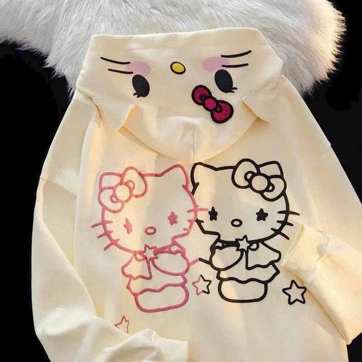 áo Khoác Nữ Vải Nỉ Mèm Mịn In Hình Kitty Hồng đen Mũ Có Tai Mèo Xinh Xắn Tp33 – Golden Dream