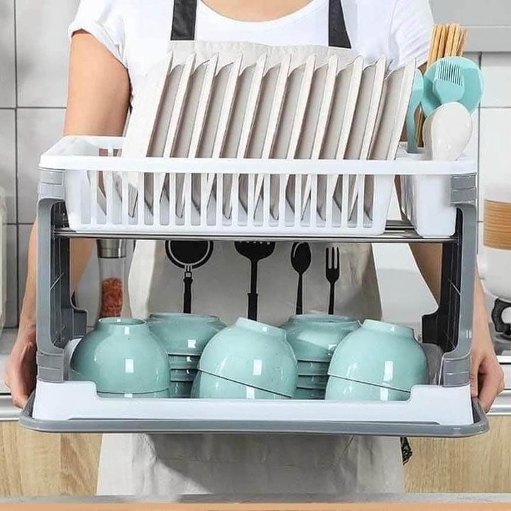 Kệ đựng Bát đĩa 2 Tầng Nhà Bếp, Giá để Bát đũa Tiện Lợi Có Khay Hứng Nước