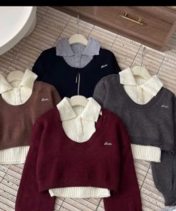 Set 2 áo Len: áo Len Tay Bồng Croptop Cổ U Kèm áo Ba Lỗ Cổ Bẻ Sát Nách- Chipxinhxk