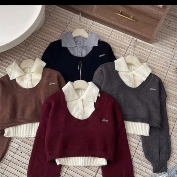Set 2 áo Len: áo Len Tay Bồng Croptop Cổ U Kèm áo Ba Lỗ Cổ Bẻ Sát Nách- Chipxinhxk