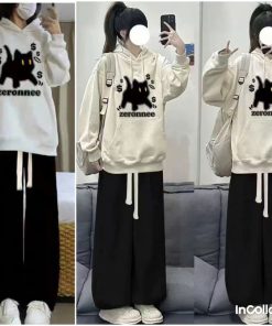 Sét Bộ Thu đông Quần ống Rộng Dây To + Mix áo Hoodie Mèo Máy