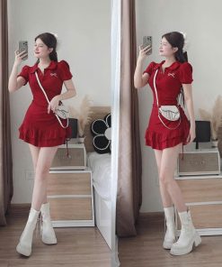đầm Dáng ôm Body Nữ Cổ Polo đính Nơ Ngay Ngực Phối Bèo Phong Cách Nhẹ Nhàng , Tôn Dáng Mặc đi Chơi đi Tiệc
