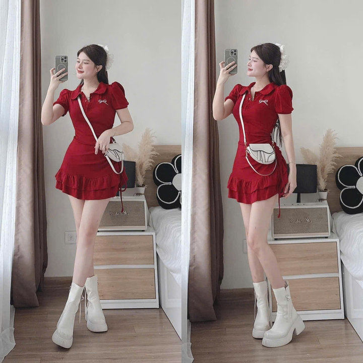 đầm Dáng ôm Body Nữ Cổ Polo đính Nơ Ngay Ngực Phối Bèo Phong Cách Nhẹ Nhàng , Tôn Dáng Mặc đi Chơi đi Tiệc