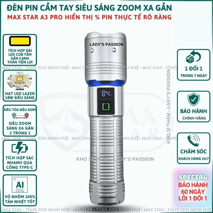 đèn Pin Cầm Tay Siêu Sáng Zoom Xa Gần Max Star A3 Pro Hiển Thị Pin Tích Hợp Sạc Nhanh Chống Nước Ipx7 Siêu Sáng Xa 500m Gd212 – Lady’s Passion