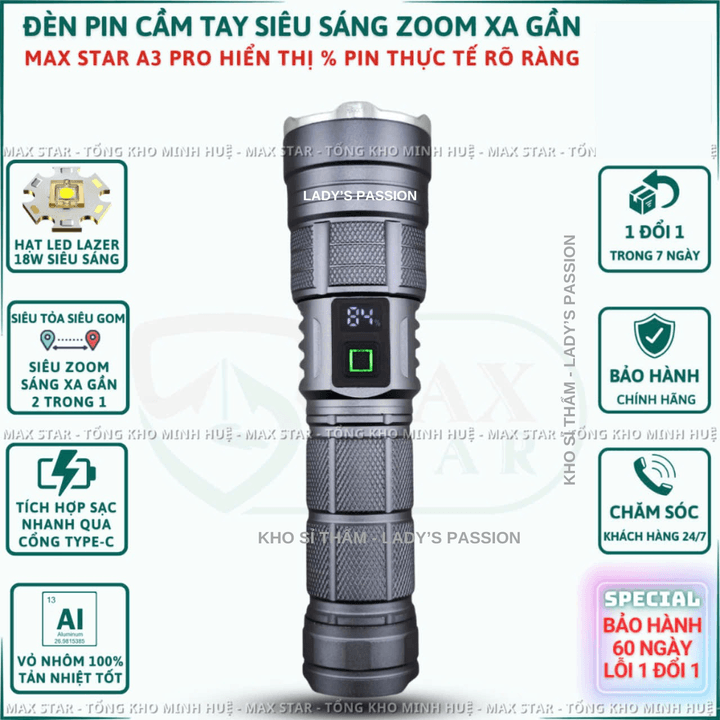 đèn Pin Cầm Tay Siêu Sáng Zoom Xa Gần Max Star A3 Hiển Thị Pin Tích Hợp Sạc Nhanh Chống Nước Ipx7 Siêu Sáng Xa 500m Gd213 – Lady’s Passion