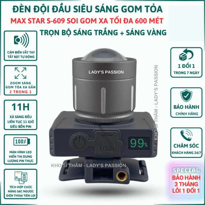 đèn Pin đội đầu Siêu Sáng Max Star S609 Zoom Xa Gần Gom Tỏa, Pin Trâu, Cảm Biến Sạc Ngược Cho điện Thoại đa Năng Cao Cấp Gd219 – Lady’s Passion