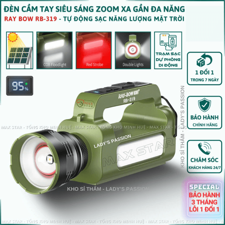 đèn Pin Cầm Tay Siêu Sáng Ray Bow Rb 319 Zoom Sáng Gom Tỏa Xa Gần, Pin Dung Lượng Cao, Sạc Năng Lượng Mặt Trời Gd224 – Lady’s Passion