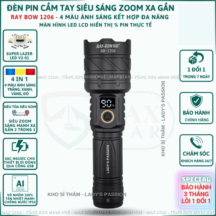 đèn Pin Cầm Tay Siêu Sáng Raybow 1206 Zoom Xa Gần 4 Chế độ Sáng Hiển Thị Phần Trăm Pin Sạc Ngược Cho điện Thoại Gd236 – Lady’s Passion