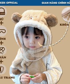 Combo Mũ Trùm đầu Có Kính Giữ ấm 4 Trong 1 Bh Kids Cho Bé, Chống Giọt Bắn, Vải Lông Cừu, In Hình Gấu Xinh Xắn Ch175 – Bh Kids