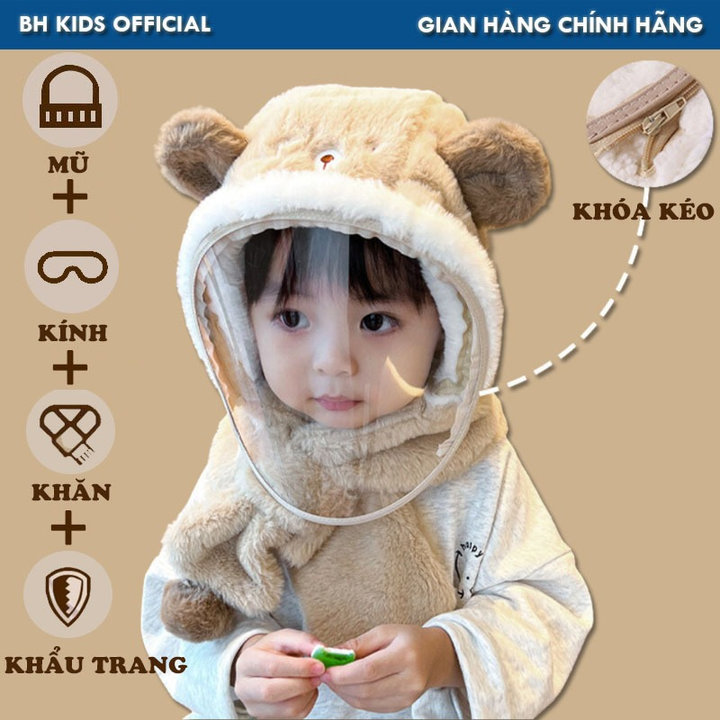 Combo Mũ Trùm đầu Có Kính Giữ ấm 4 Trong 1 Bh Kids Cho Bé, Chống Giọt Bắn, Vải Lông Cừu, In Hình Gấu Xinh Xắn Ch175 – Bh Kids