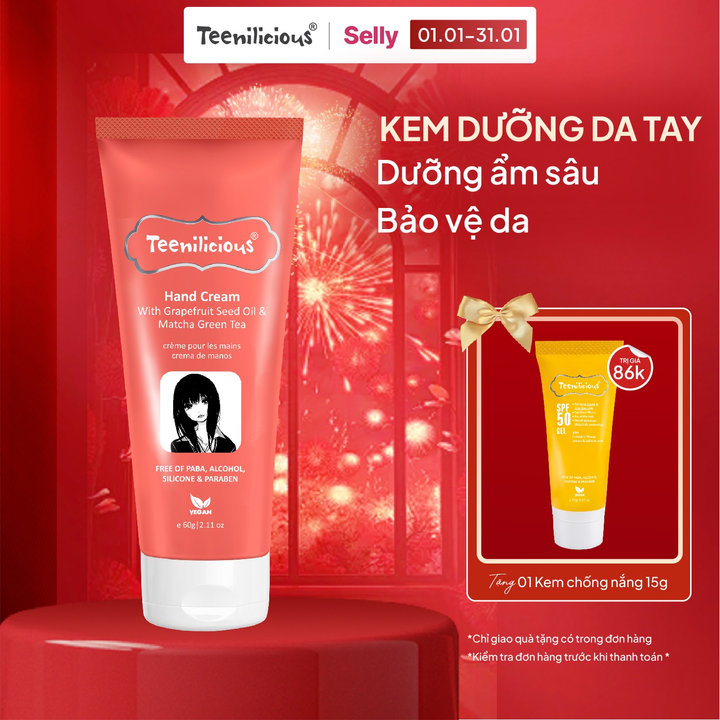 Kem Dưỡng Da Tay Chiết Xuất Bưởi & Trà Xanh Hand Cream With Grapefruit Seed Oil & Matcha Green Tea Teenilicious (tuýp/60g)