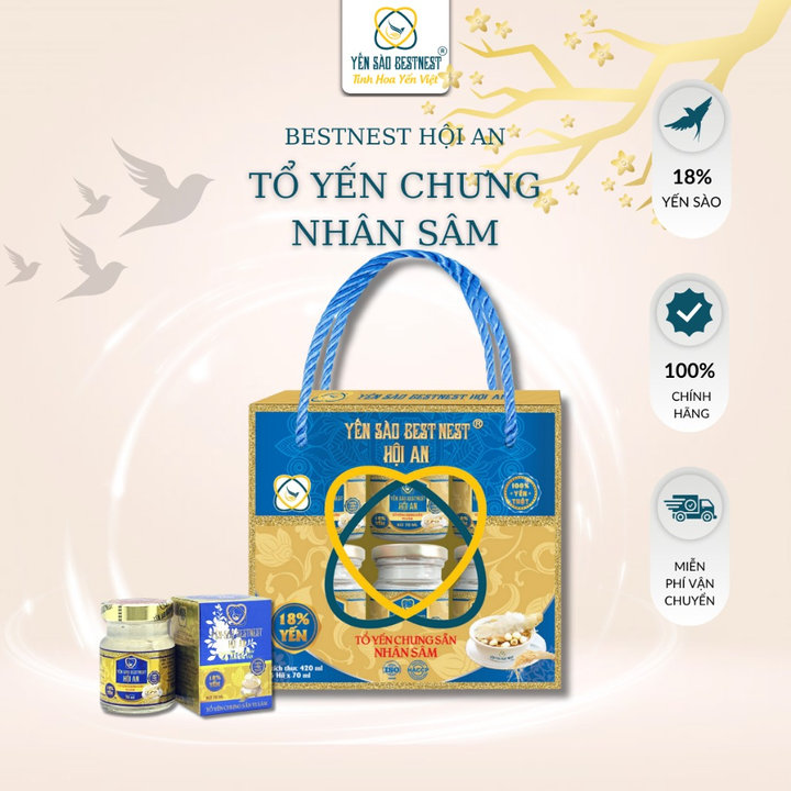 [mua 1 Tặng 1] Yến Sào Bestnest Hội An – Tổ Yến Chưng Sẵn Nhân Sâm 18% – Hộp Quai Xách 6 Hũ X 70ml