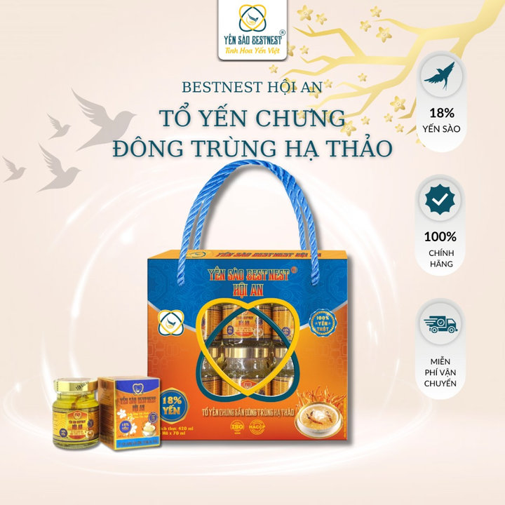 [mua 1 Tặng 1] Yến Sào Bestnest Hội An – Tổ Yến Chưng Sẵn đông Trùng 18% – Hộp Quai Xách 6 Hũ X 70ml