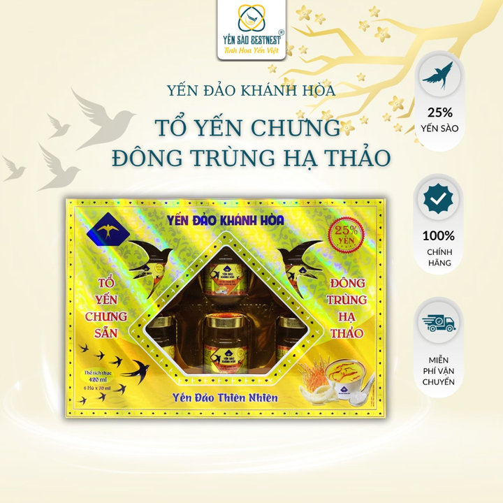 [mua 2 Tặng 1] Yến đảo Khánh Hòa – Tổ Yến Chưng Sẵn đông Trùng Hạ Thảo 25% – Hộp Quà 6 Hũ X 70ml